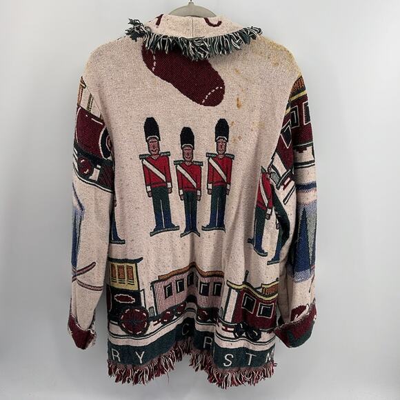 Vintage Handmade toy soldier train Christmas woven fringe long line blanket coat - Picture 7 of 7